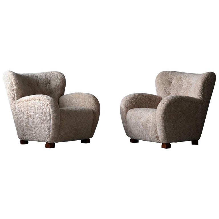 Finnish Designer, Organic Lounge Chairs, Sheepskin, Stained Wood, Finland,  1940s at 1stDibs