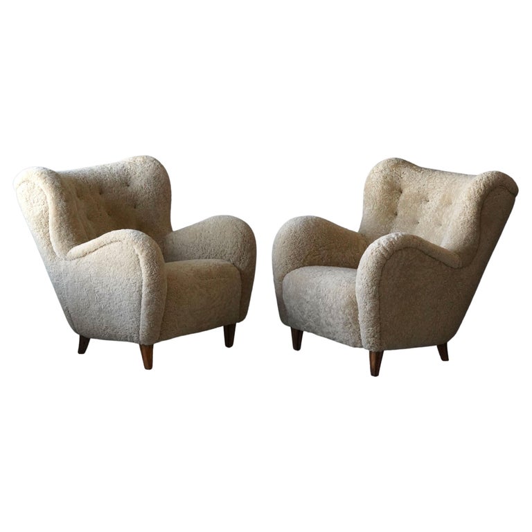 Pair of Finnish Sheepskin Lounge Chairs, ca. 1945, Offered by Ponce Berga