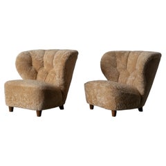 Vintage Finnish Designer, Organic Lounge Chairs, Sheepskin, Stained Wood, Finland, 1940s
