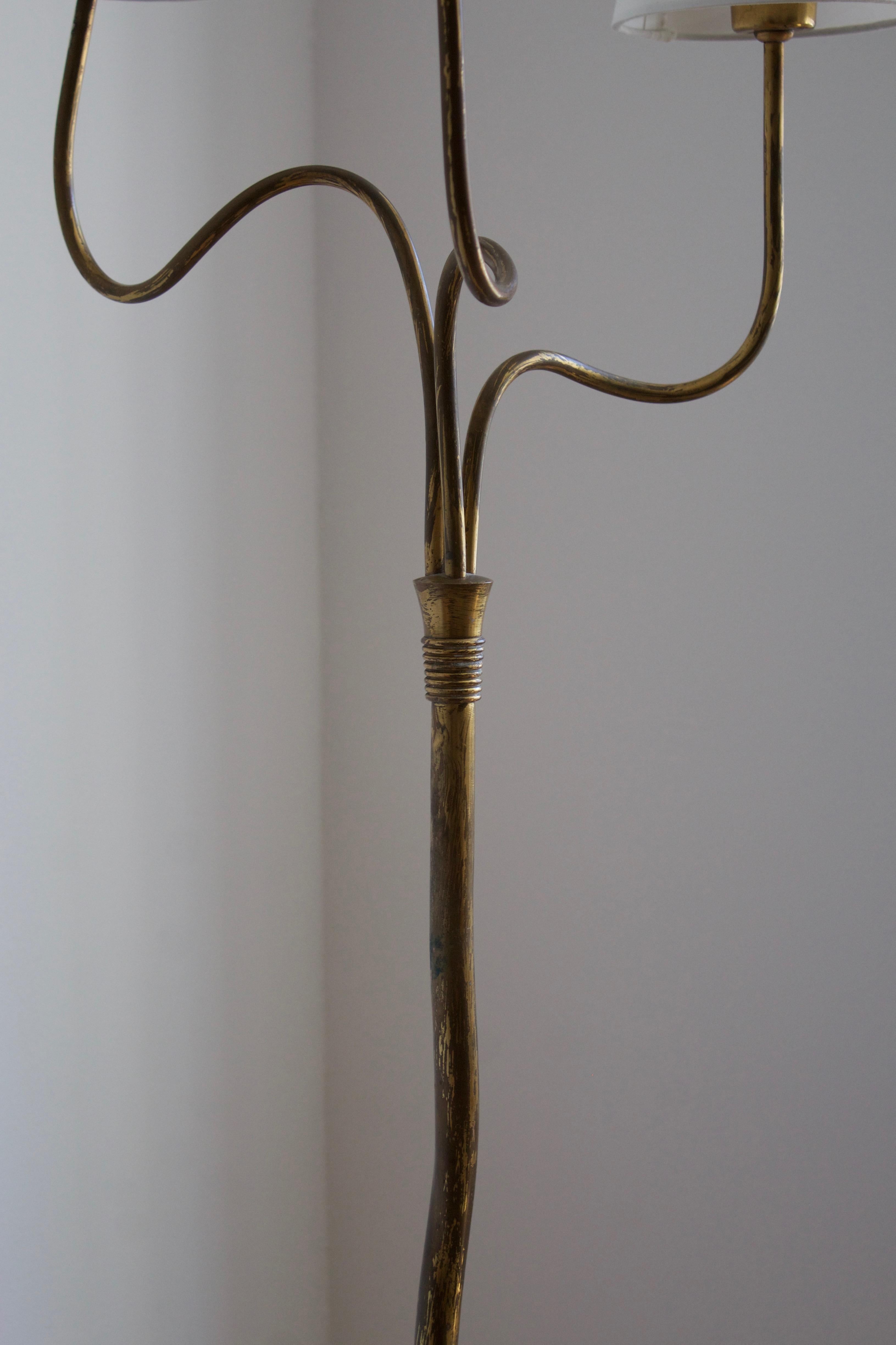 Finnish Designer, Organic Three-Armed Floor Lamp, Brass, Fabric, Finland, 1940s In Fair Condition In High Point, NC