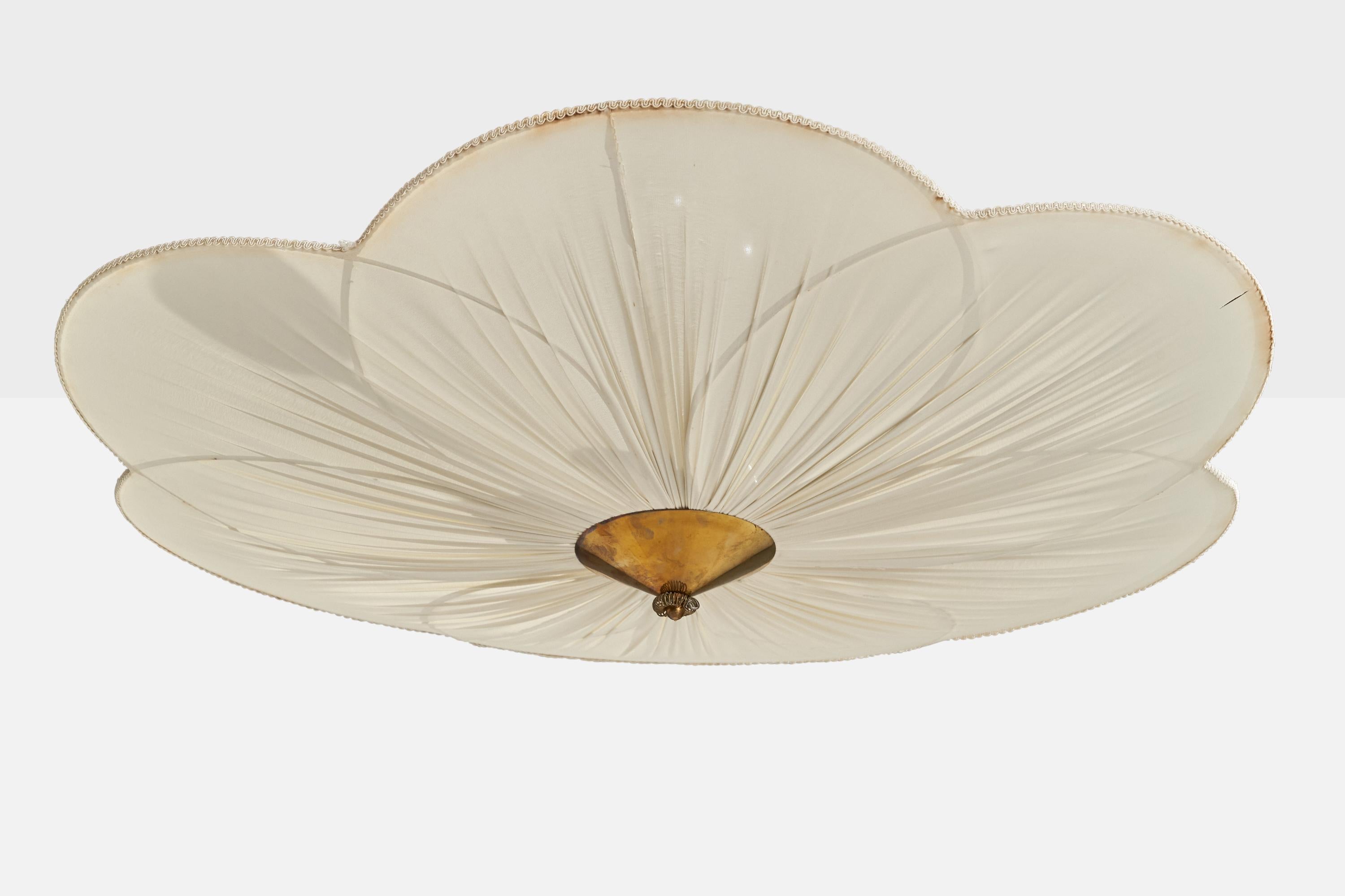A brass and off-white fabric pendant light designed and produced in Finland, 1940s.

Dimensions of canopy (inches): 4.05” H x 3.07” Diameter
Socket takes standard E-26 bulbs. 3 socket.There is no maximum wattage stated on the fixture. All lighting