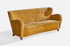 Finnish Designer, Sofa, Velvet, Wood, Finland, 1940s