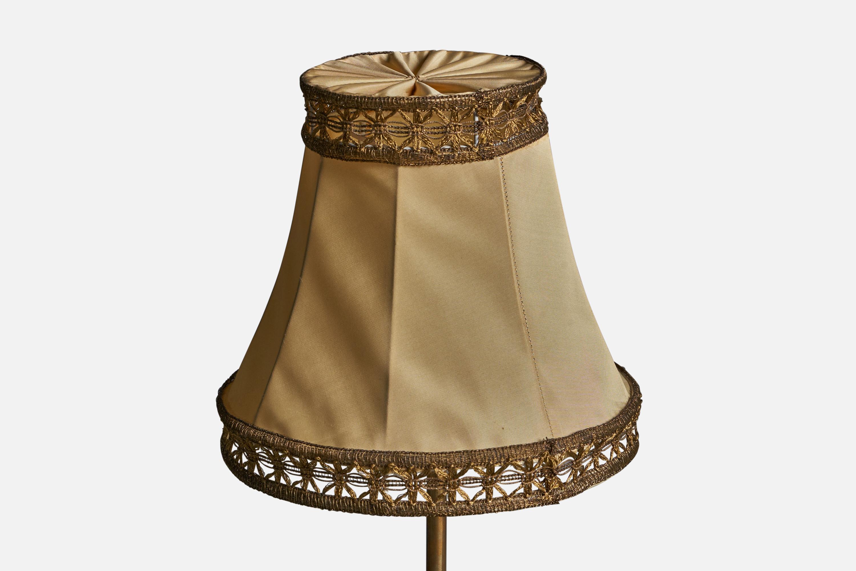 Swedish Finnish Designer, Table Lamp, Brass, Fabric, Finland, 1940s For Sale