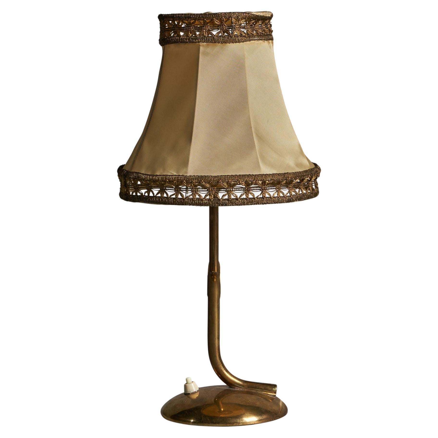 Finnish Designer, Table Lamp, Brass, Fabric, Finland, 1940s For Sale