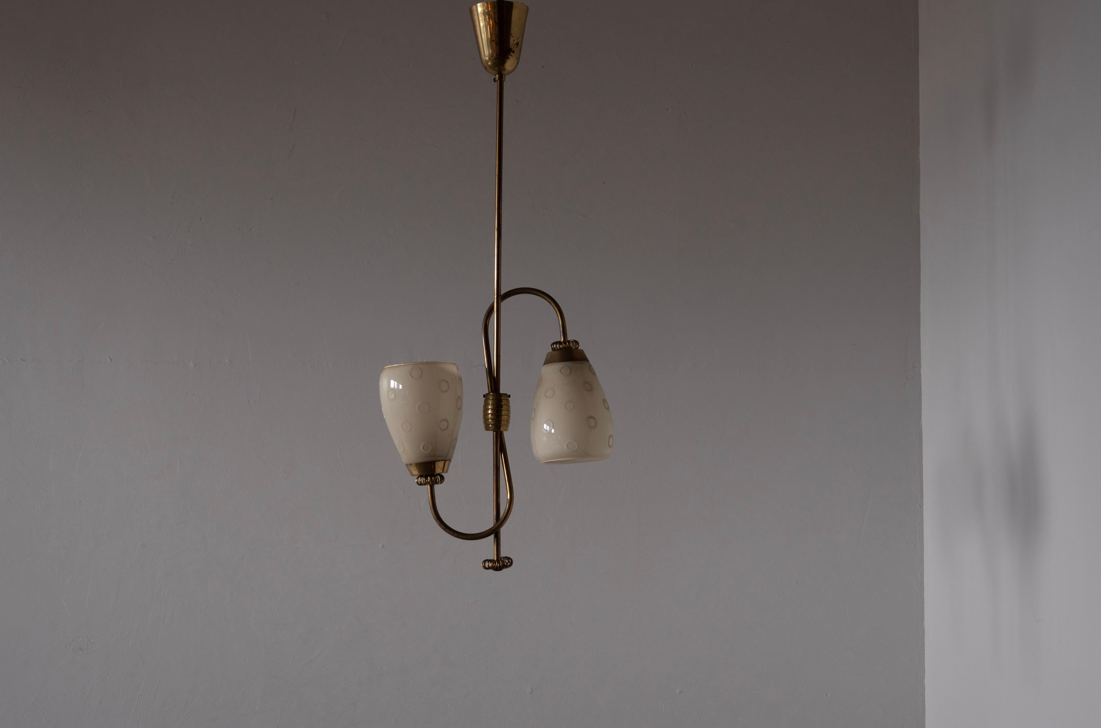 Scandinavian Modern Finnish Designer, Two Armed Chandelier, Brass, Glass, Finland, 1940s