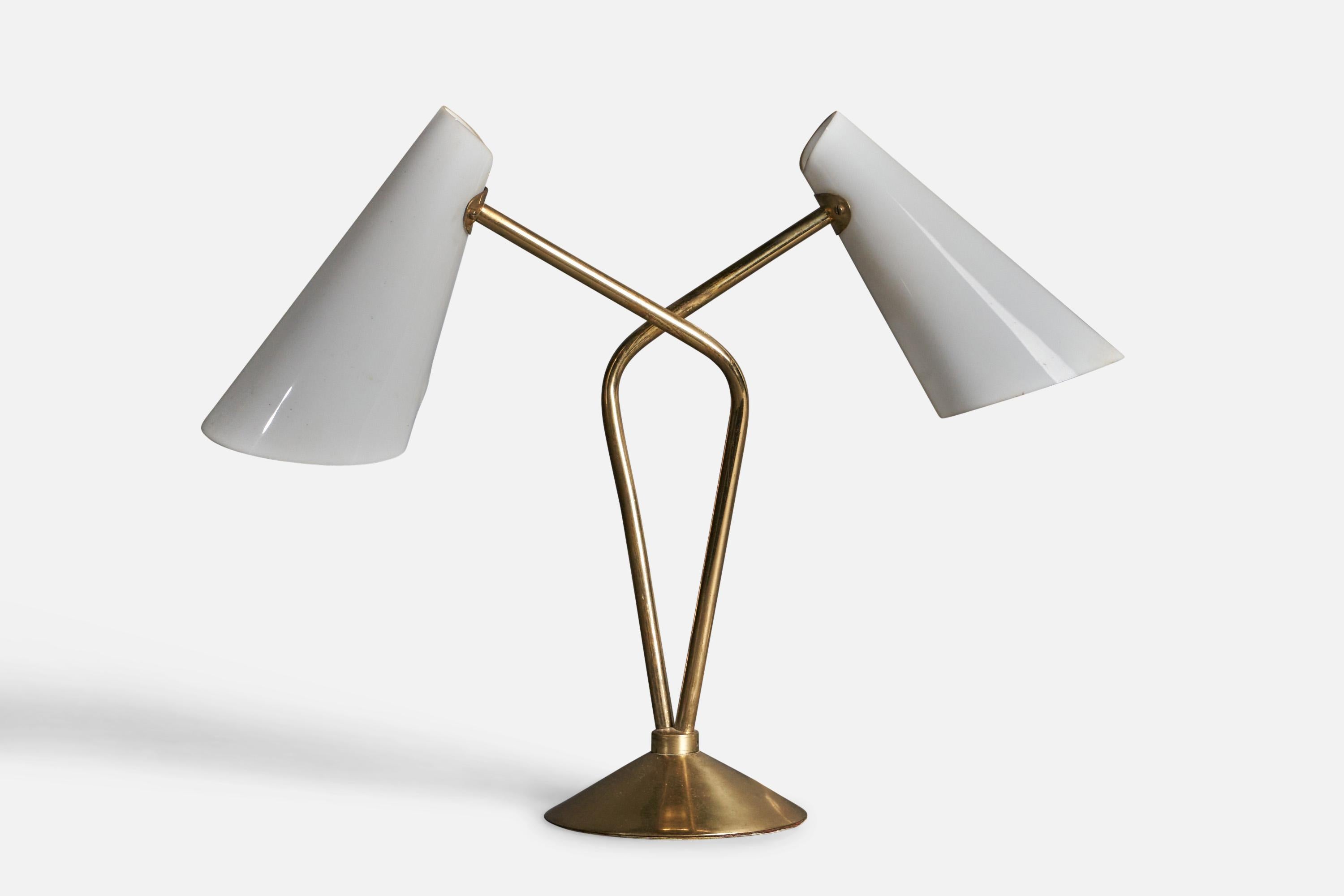Finnish Designer, Two-Armed Table Lamp, Brass, Acrylic, Finland, 1960s In Good Condition For Sale In High Point, NC