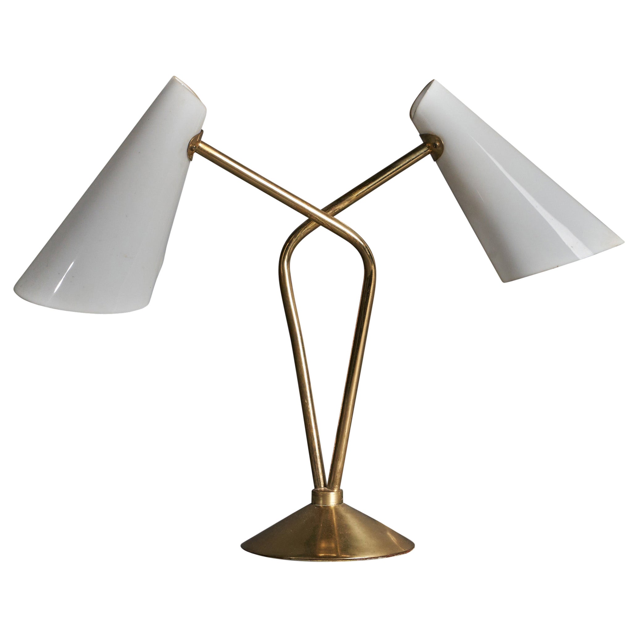 Finnish Designer, Two-Armed Table Lamp, Brass, Acrylic, Finland, 1960s For Sale