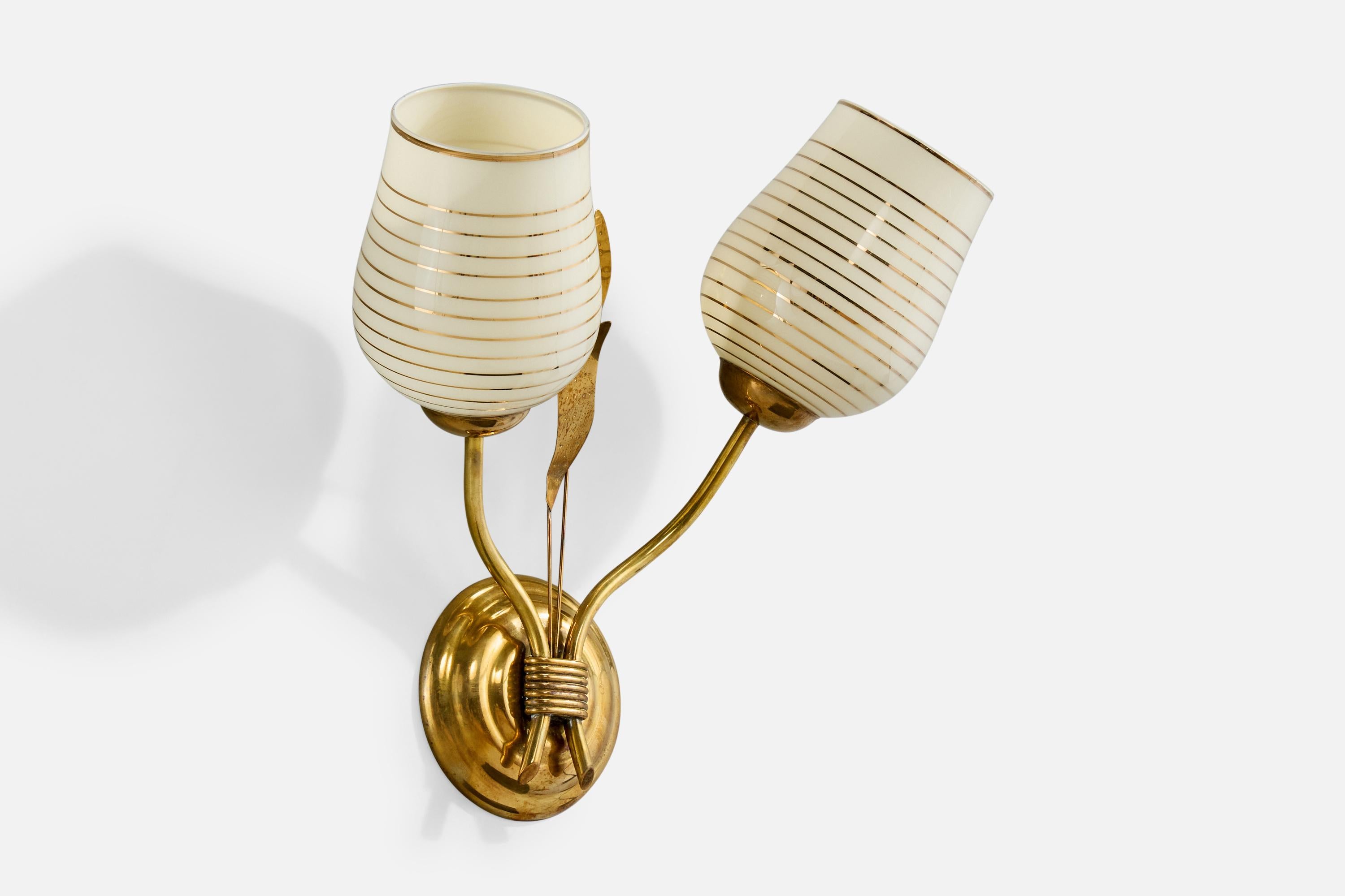 Mid-Century Modern Finnish Designer, Wall Light, Brass, Glass, Finland, 1950s For Sale