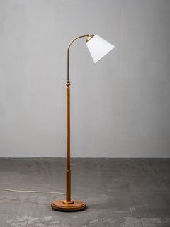 Finnish Functionalist Birch & Brass Floor Lamp, 1940s