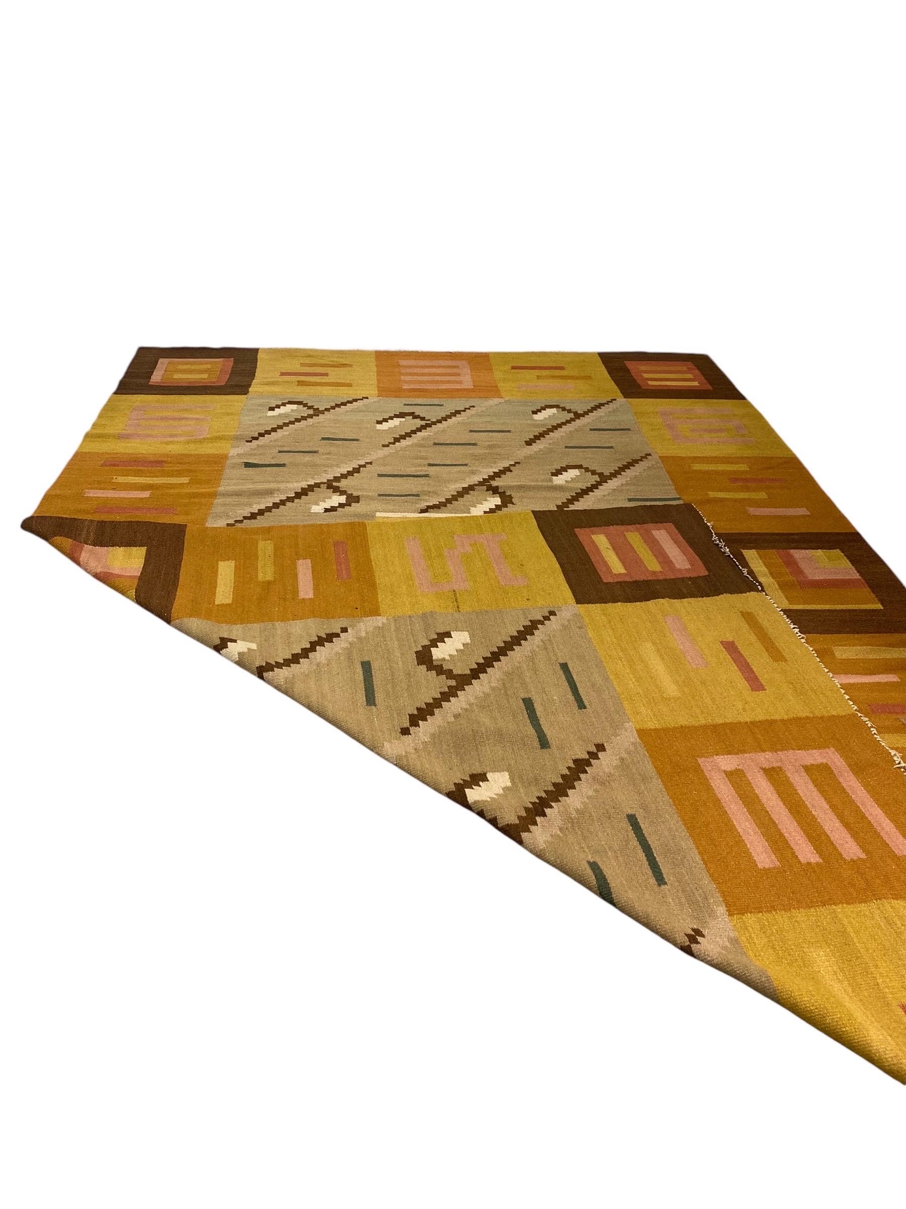 Finnischer geometrischer Flachgewebe-Teppich in natürlichen Tönen, Wolle, Finnland 1930er Jahre (Skandinavische Moderne) im Angebot