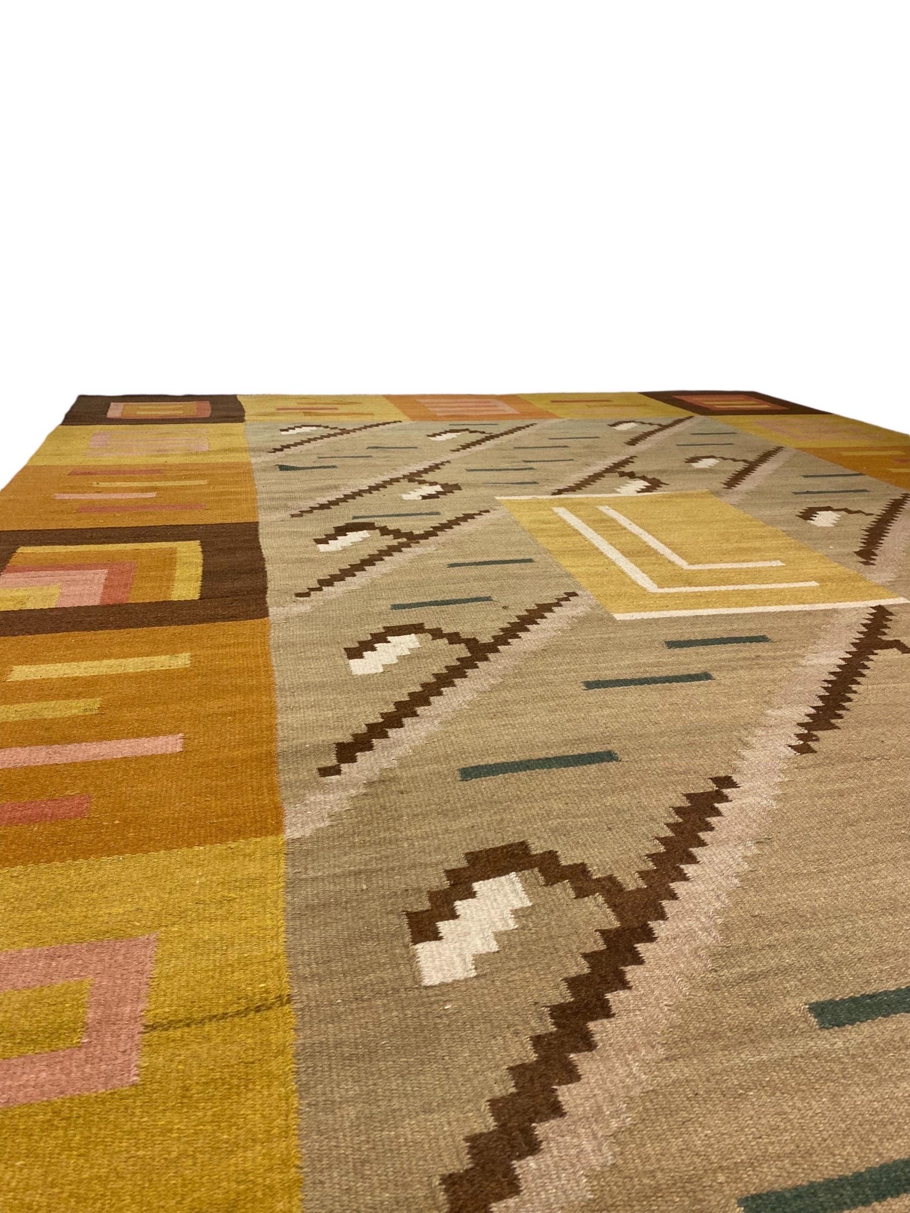 Finnischer geometrischer Flachgewebe-Teppich in natürlichen Tönen, Wolle, Finnland 1930er Jahre (20. Jahrhundert) im Angebot