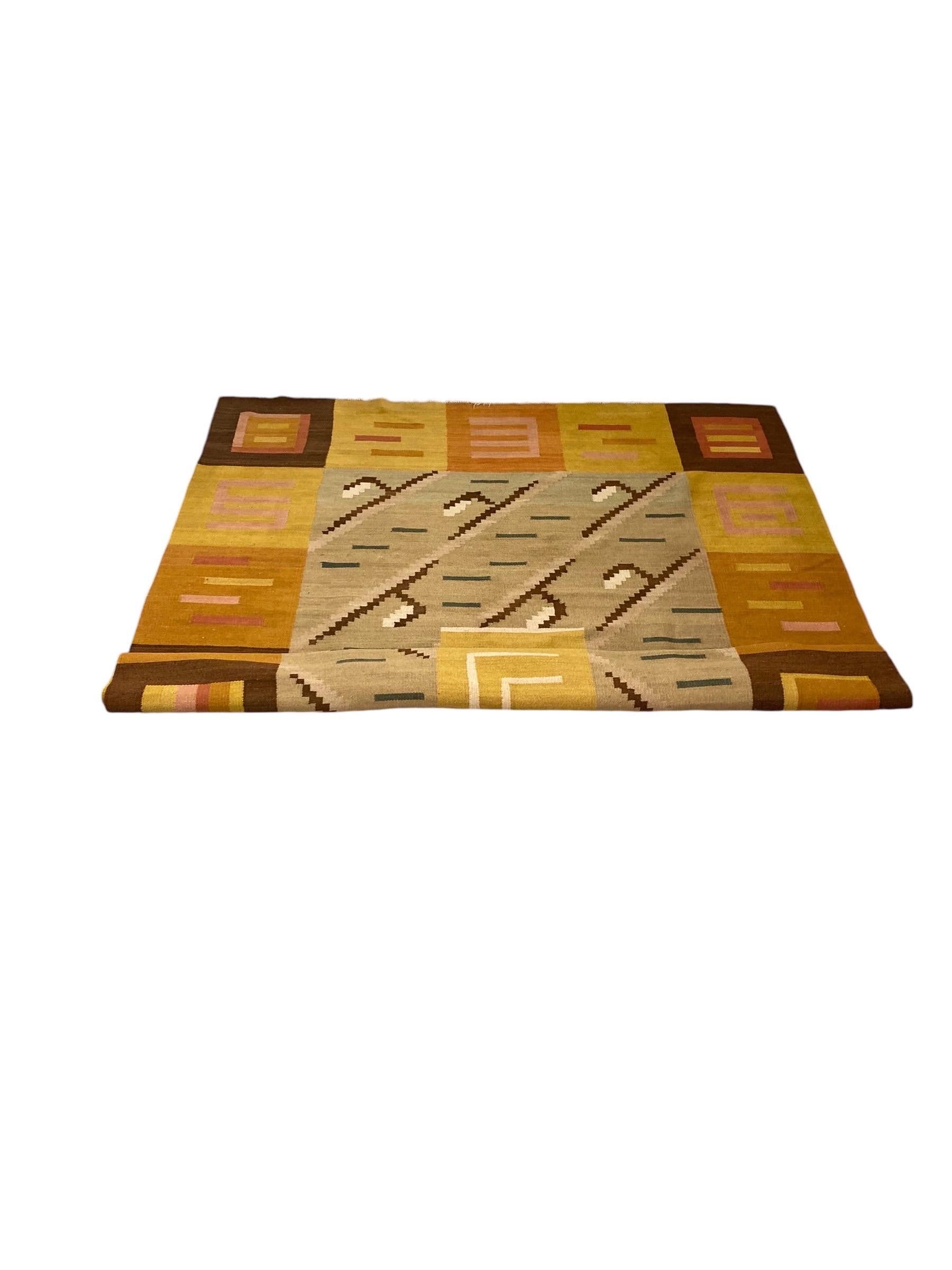 Finnischer geometrischer Flachgewebe-Teppich in natürlichen Tönen, Wolle, Finnland 1930er Jahre im Angebot 1