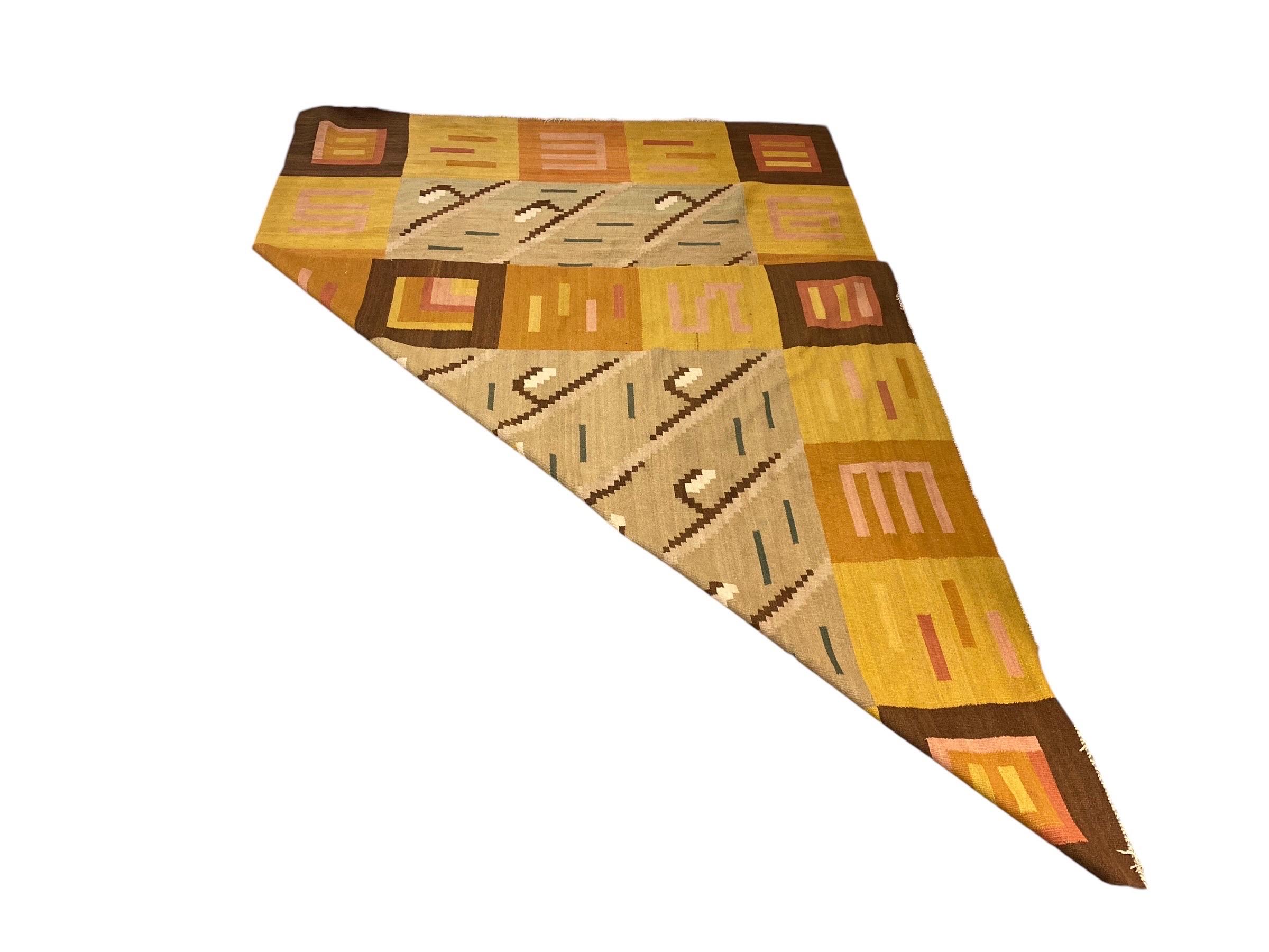 Finnischer geometrischer Flachgewebe-Teppich in natürlichen Tönen, Wolle, Finnland 1930er Jahre im Angebot 2