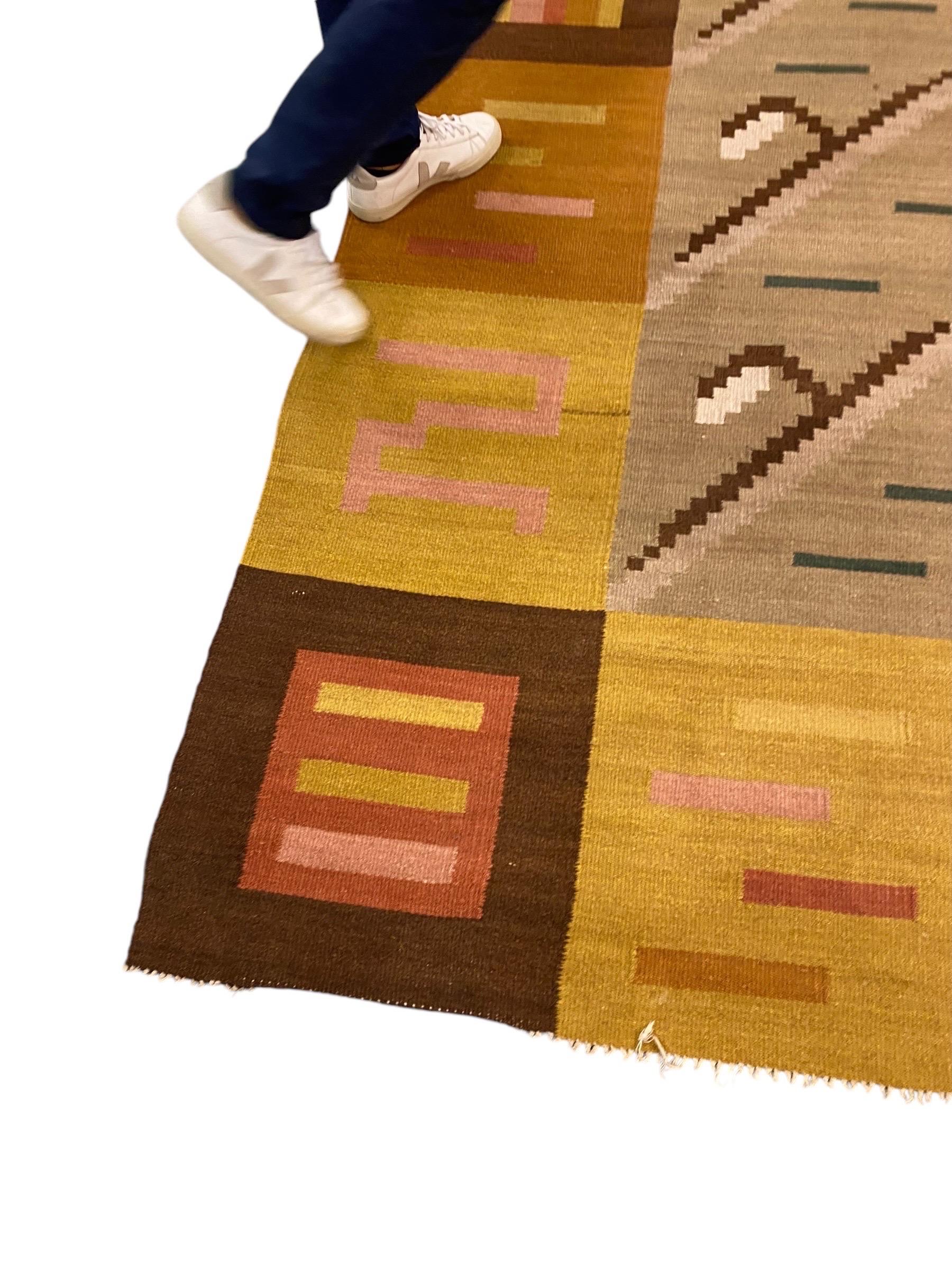 Finnischer geometrischer Flachgewebe-Teppich in natürlichen Tönen, Wolle, Finnland 1930er Jahre im Angebot 3