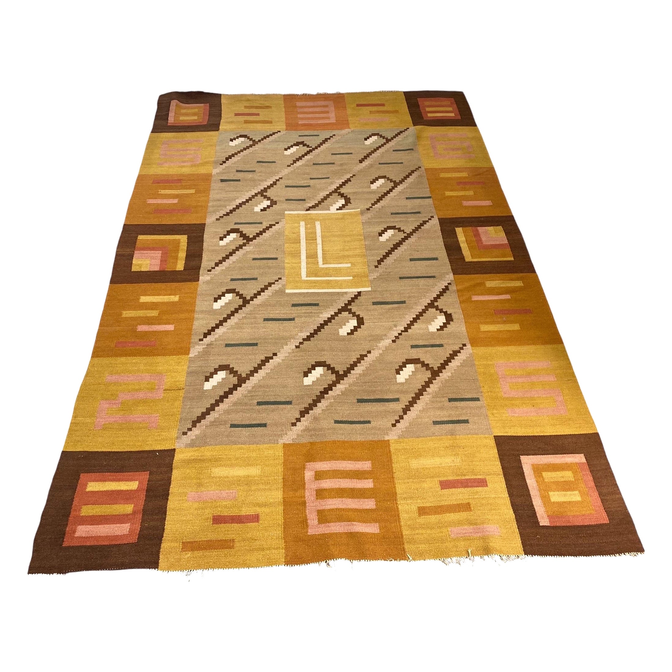 Finnischer geometrischer Flachgewebe-Teppich in natürlichen Tönen, Wolle, Finnland 1930er Jahre im Angebot