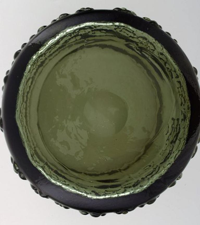 Finnish Glass Artist, Large Organic Bowl in Green Mouth Blown Art Glass 1