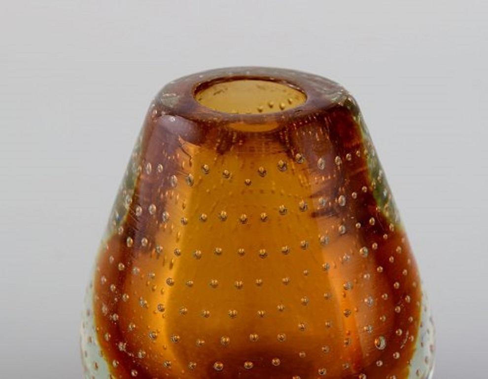 Scandinavian Modern Finnish Glass Artist, Two Vases in Clear and Amber Colored Mouth-Blown Art Glass