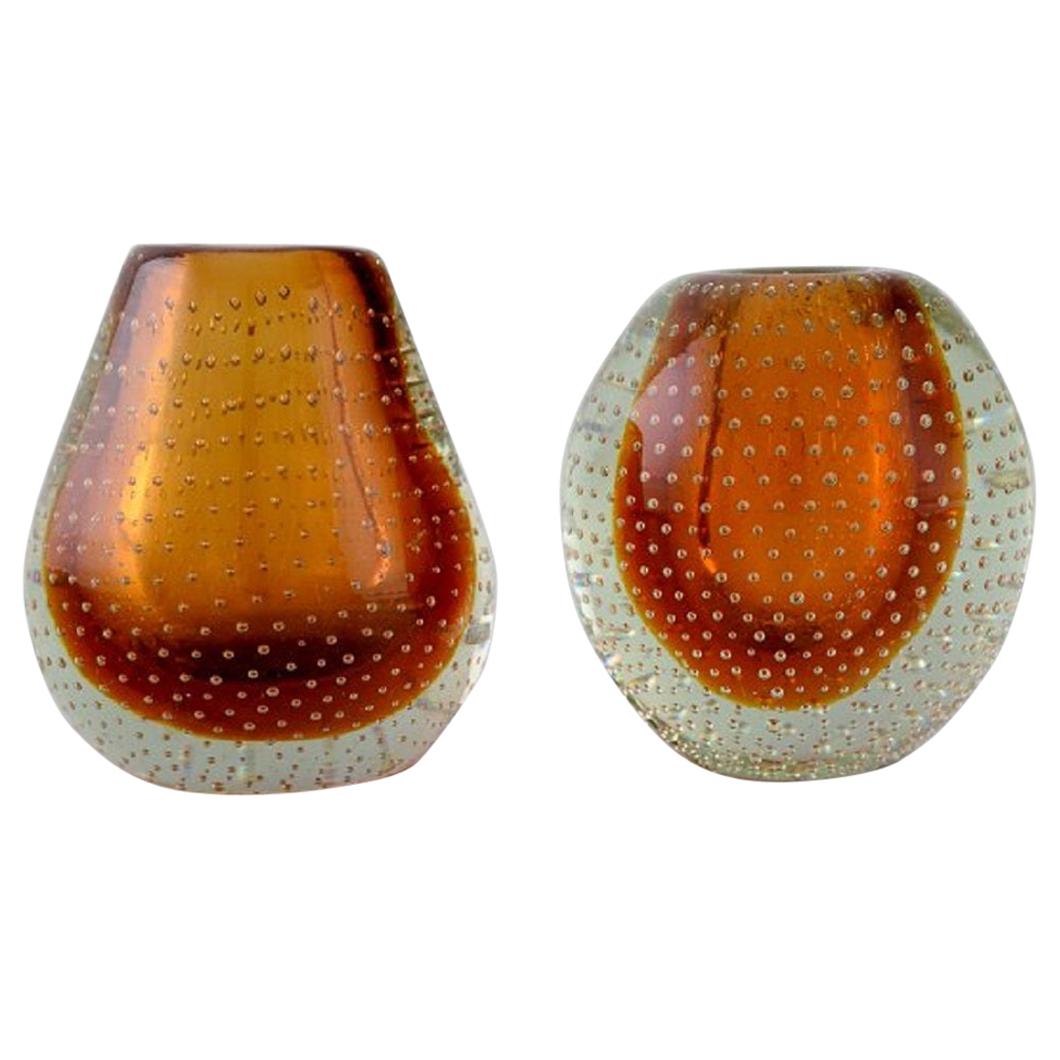 Finnish Glass Artist, Two Vases in Clear and Amber Colored Mouth-Blown Art Glass