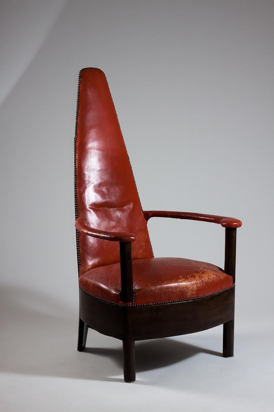 Art Deco Finnish jugend high-back arm chair in red leather  For Sale