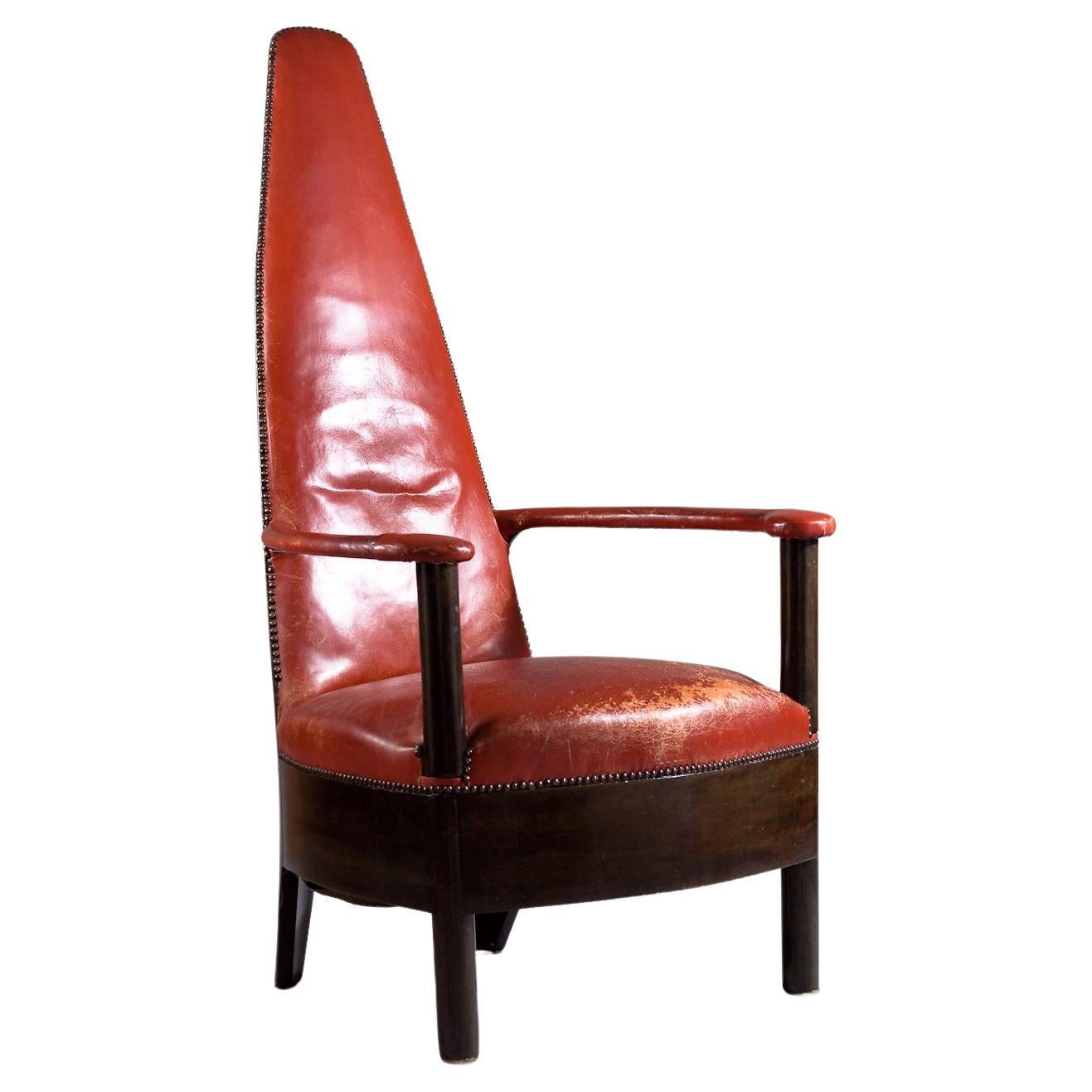 Finnish jugend high-back arm chair in red leather  For Sale