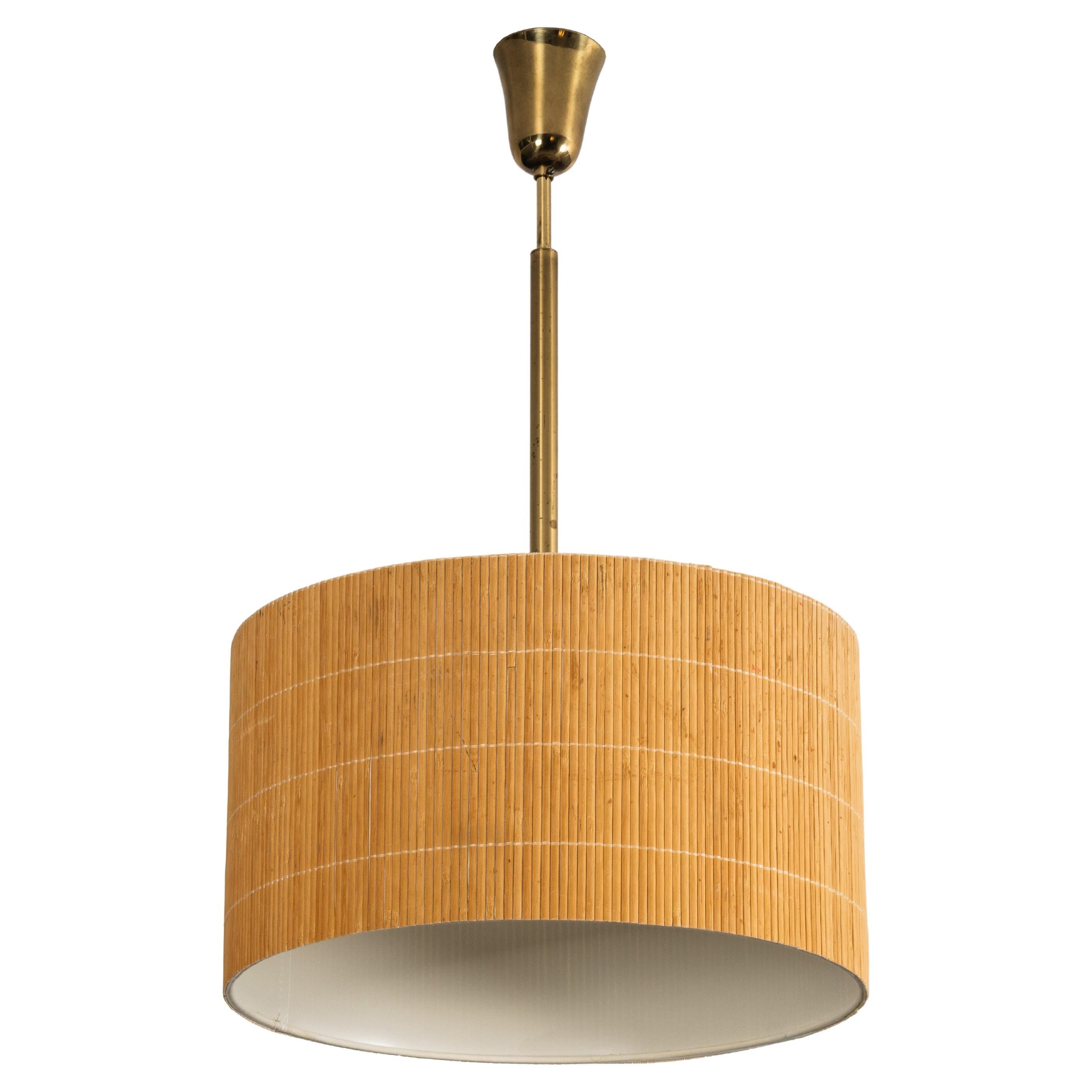 Finnish Mid-Century Brass Pendant Light with Wooden Slat Shade For Sale