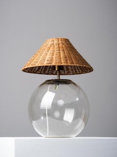 Finnish Mid-Century Glass Table Lamp with Wicker Shade