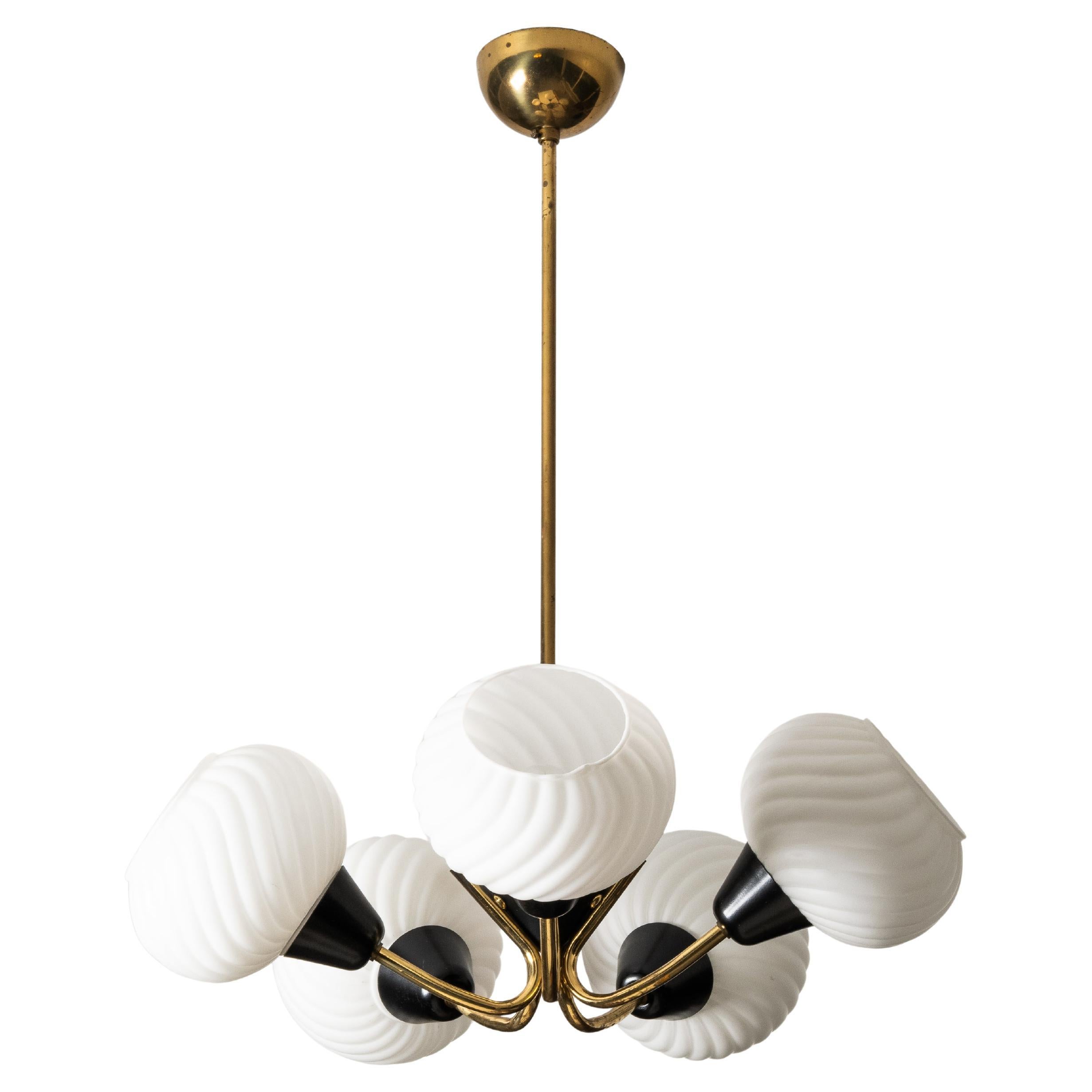 Finnish Mid-Century Modern Brass and Glass Chandelier, 1950s