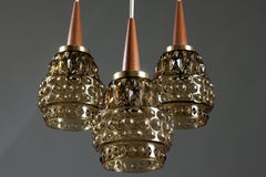 Finnish Mid-Century Modern Three-Armed Teak and Coloured Glass Pendant Light