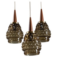 Finnish Mid-Century Modern Three-Armed Teak and Coloured Glass Pendant Light
