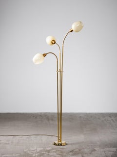 Finnish Mid-Century Three Arm Brass & Opaline Glass Floor Lamp