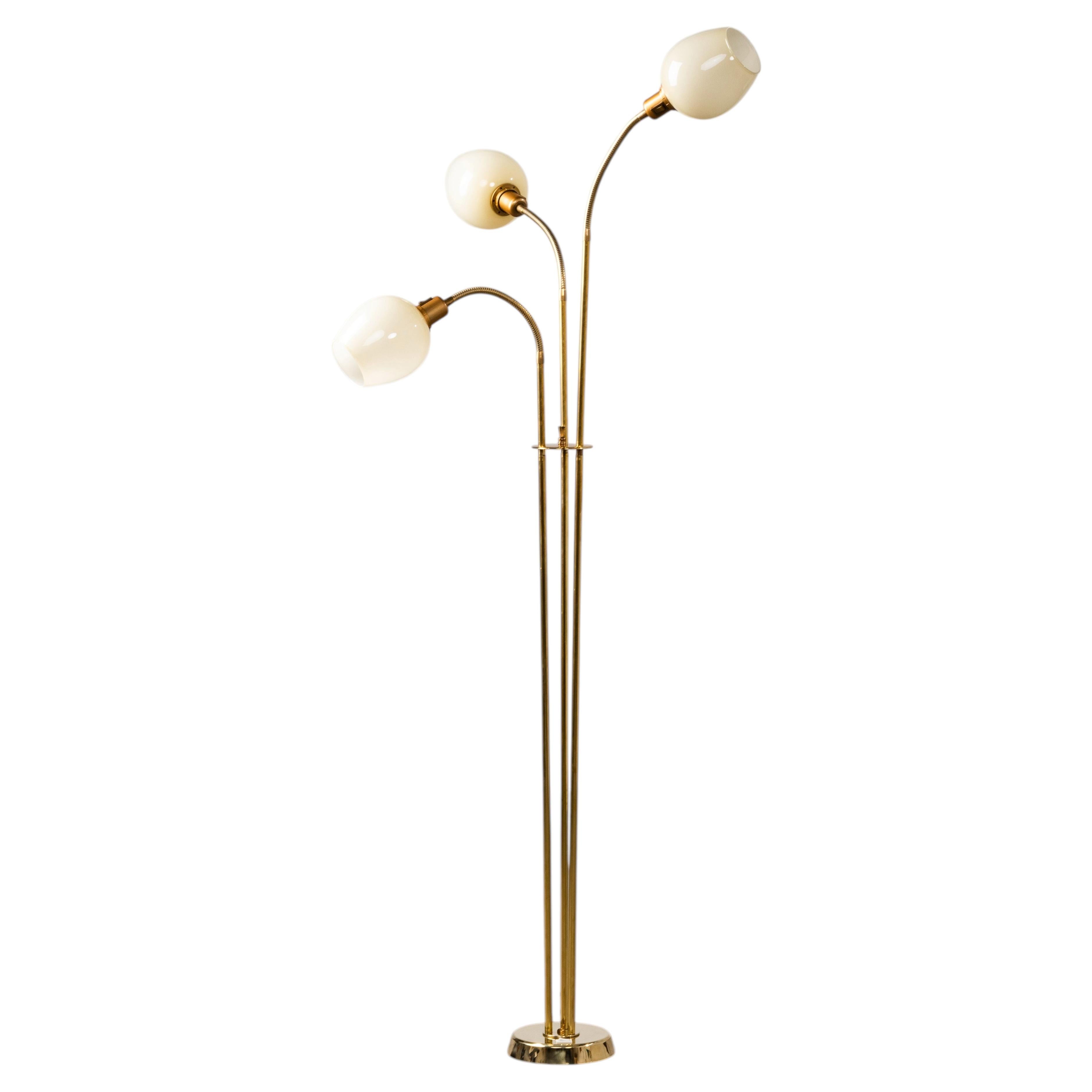Finnish Mid-Century Three Arm Brass & Opaline Glass Floor Lamp