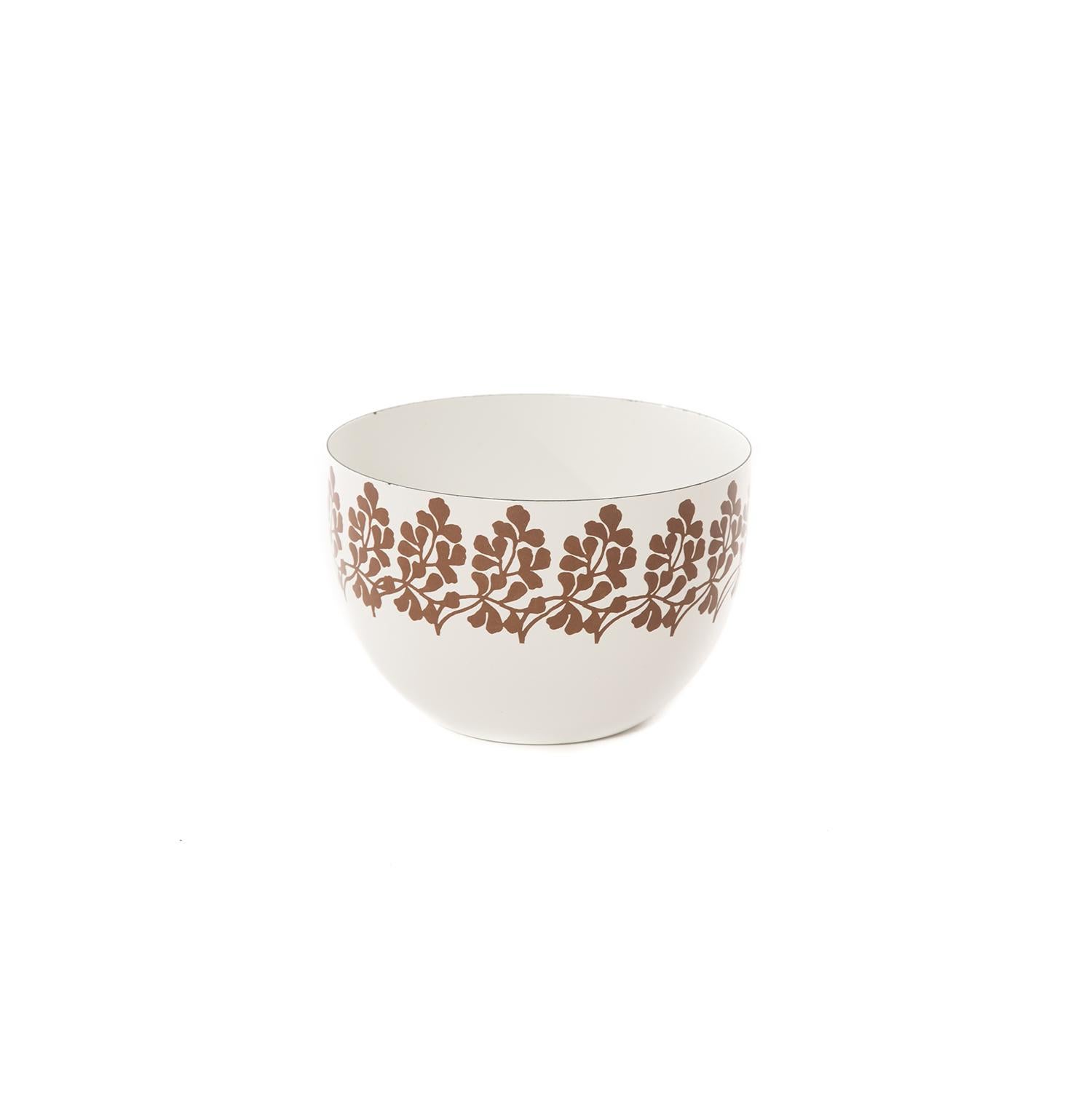 White enamel metal bowl with foliate pattern along rim. Designed by Taj Franck for Arabia. Exhibits very minor chipping in the enamel along rim, one chip on interior of the bowl which could be a factory defect.