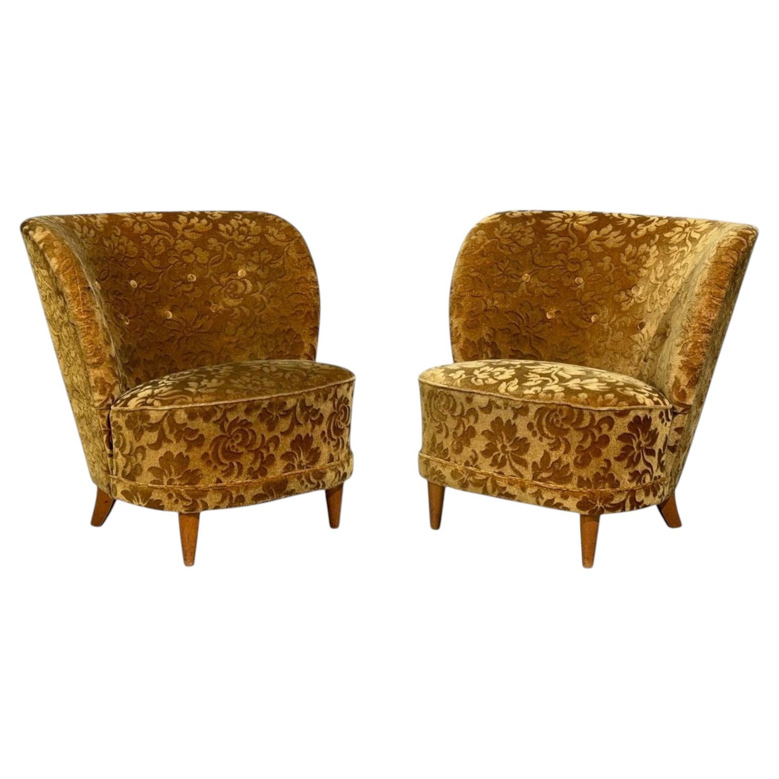 Finnish Modern, Easy Chairs, Damask, Beech, Finland, 1940s For Sale
