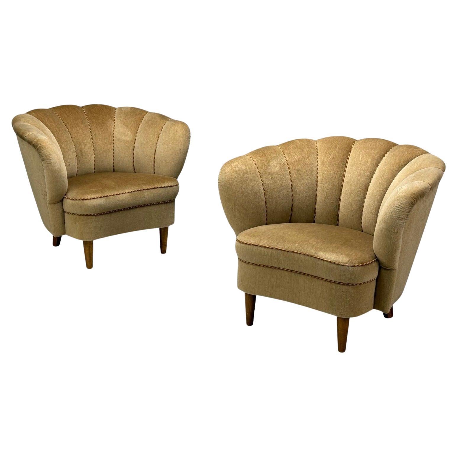 Finnish Modern, Lounge Chairs, Beige Velvet, Wood, Finland, 1950s For Sale