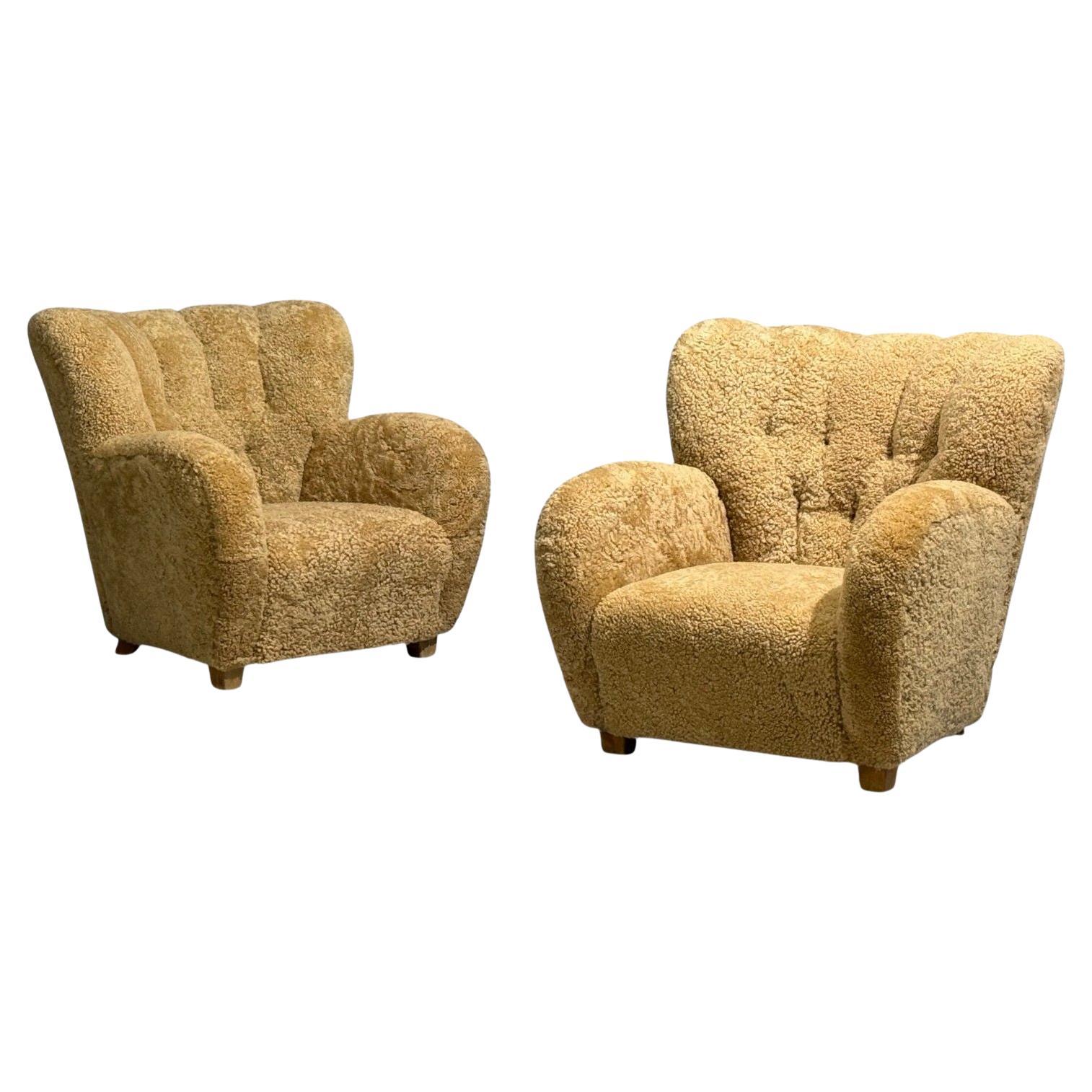 Finnish Modern, Organic Lounge Chairs, Shearling, Wood, Finland, 1940s For Sale