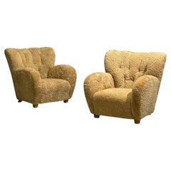 Finnish Modern, Organic Lounge Chairs, Shearling, Wood, Finland, 1940s Finnish Modern, Organic Lounge Chairs, Shearling, Wood, Finland, 1940s