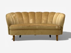 Finnish Modern, Settee, Beige Velvet, Wood, Finland, 1950s