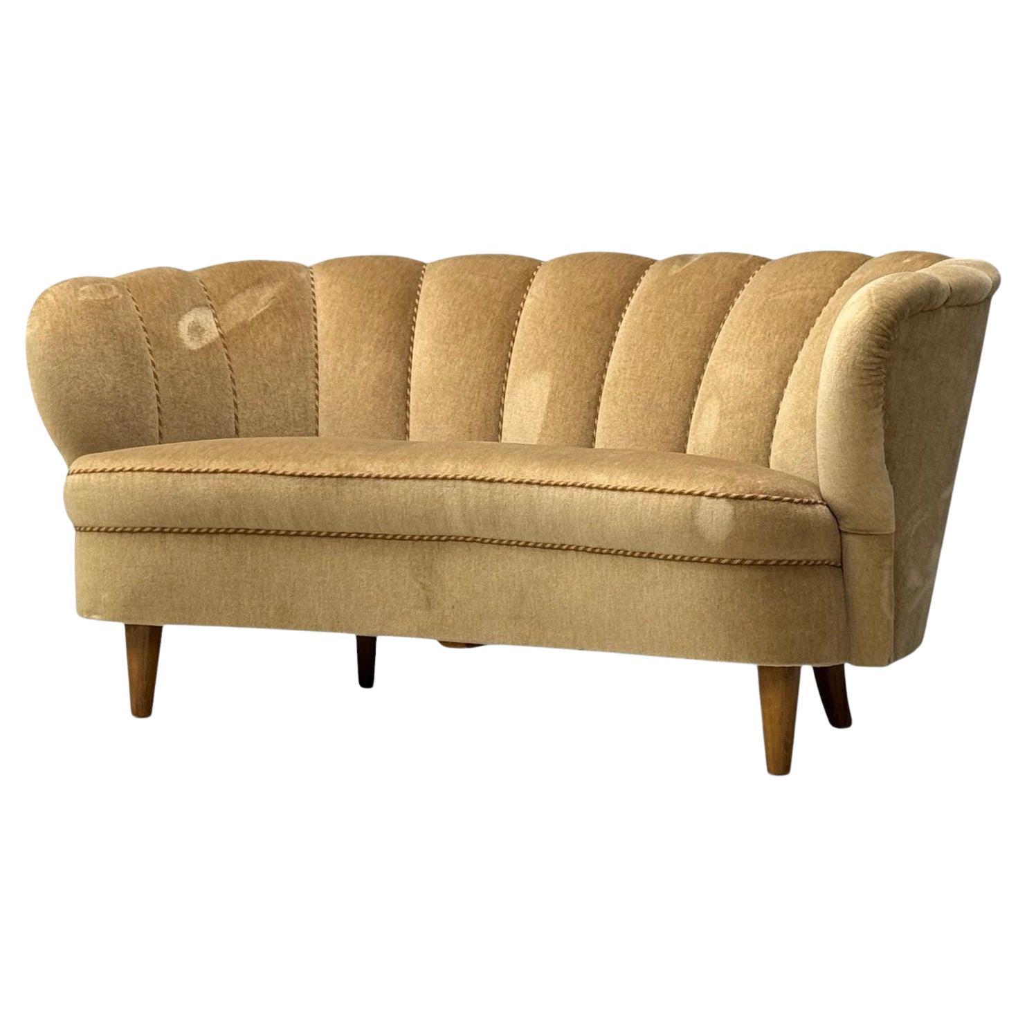 Finnish Modern, Settee, Beige Velvet, Wood, Finland, 1950s