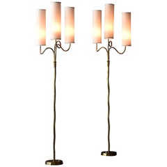 Finnish Modernism, Pair of Organic Floor Lamps, Brass, Fabric, Finland 1950s