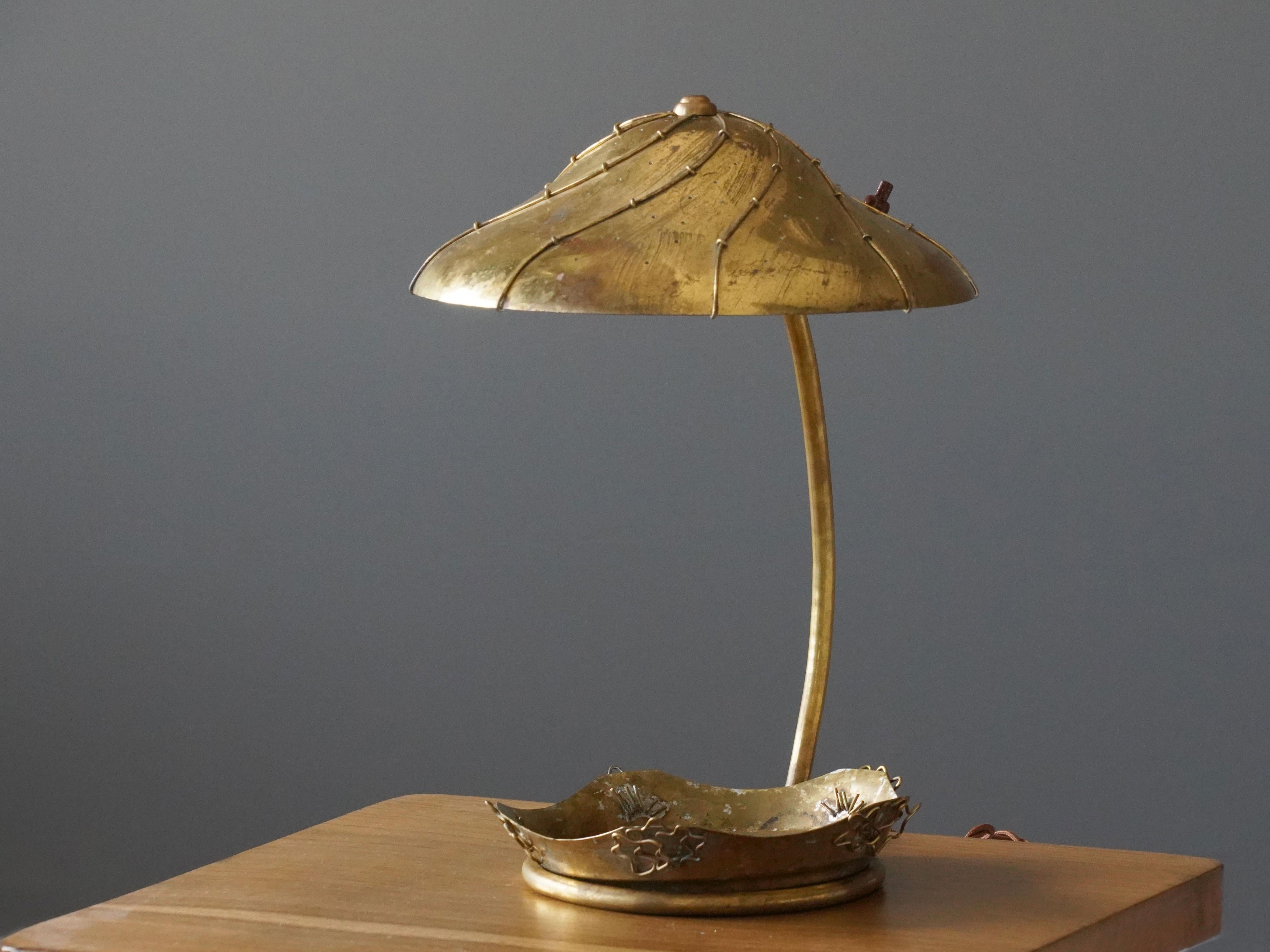 Scandinavian Modern Finnish Modernist Designer, Table / Desk Lamp W Small Tray, Brass, Finland 1930s