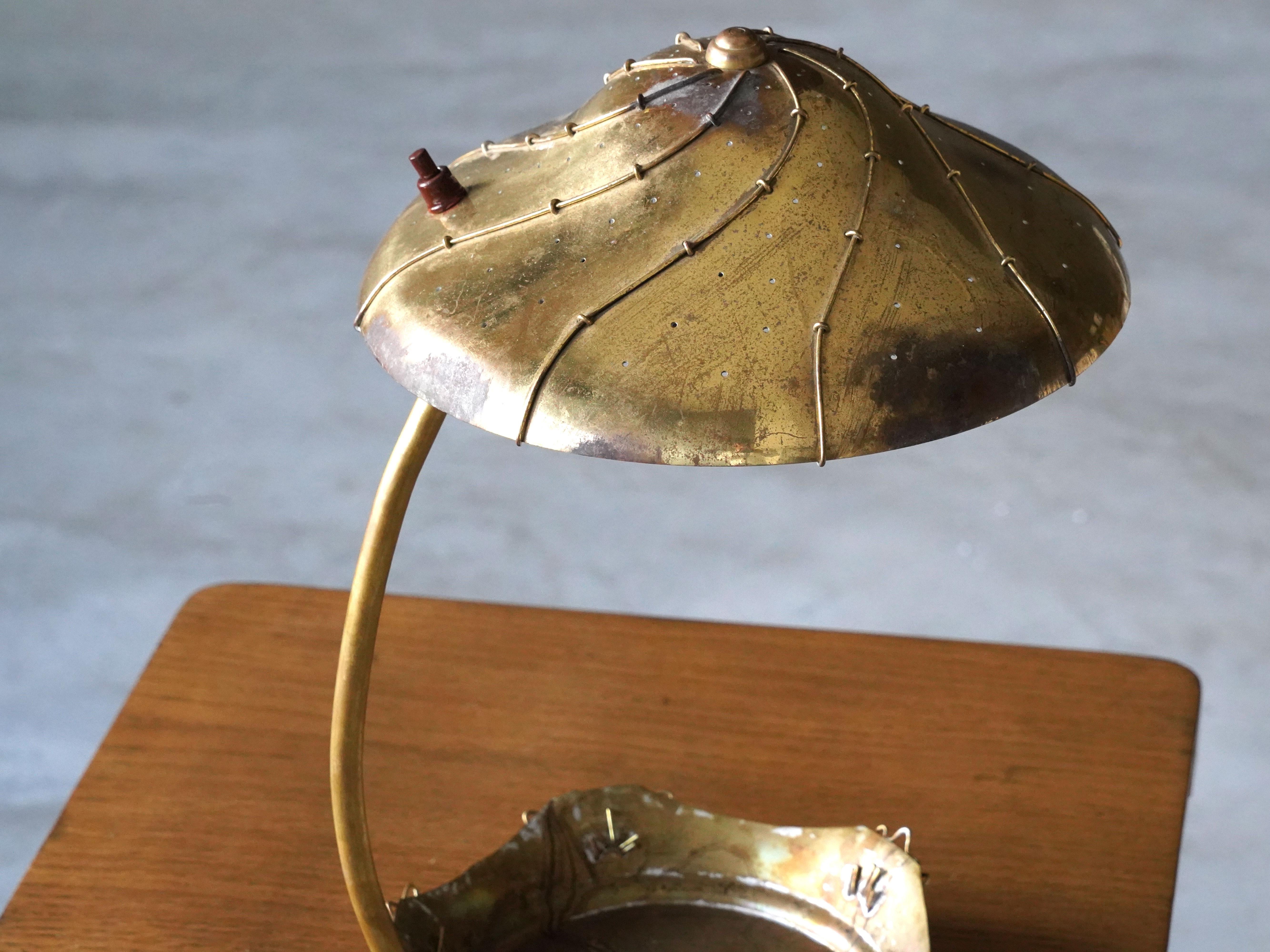 Mid-20th Century Finnish Modernist Designer, Table / Desk Lamp W Small Tray, Brass, Finland 1930s