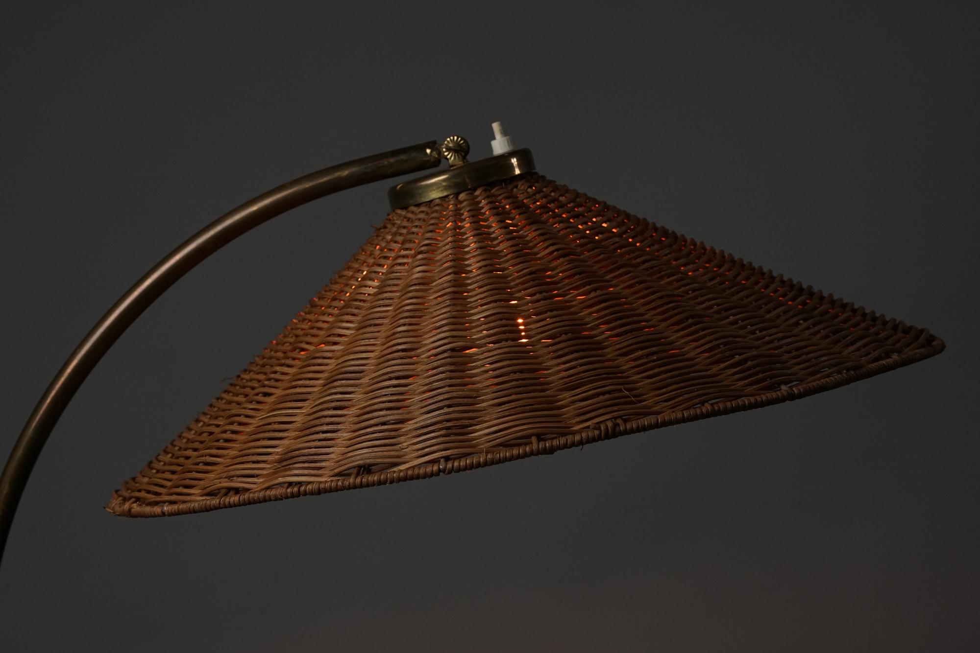 Brass Finnish Rattan Floor Lamp, Valinte Oy, 1950s  For Sale