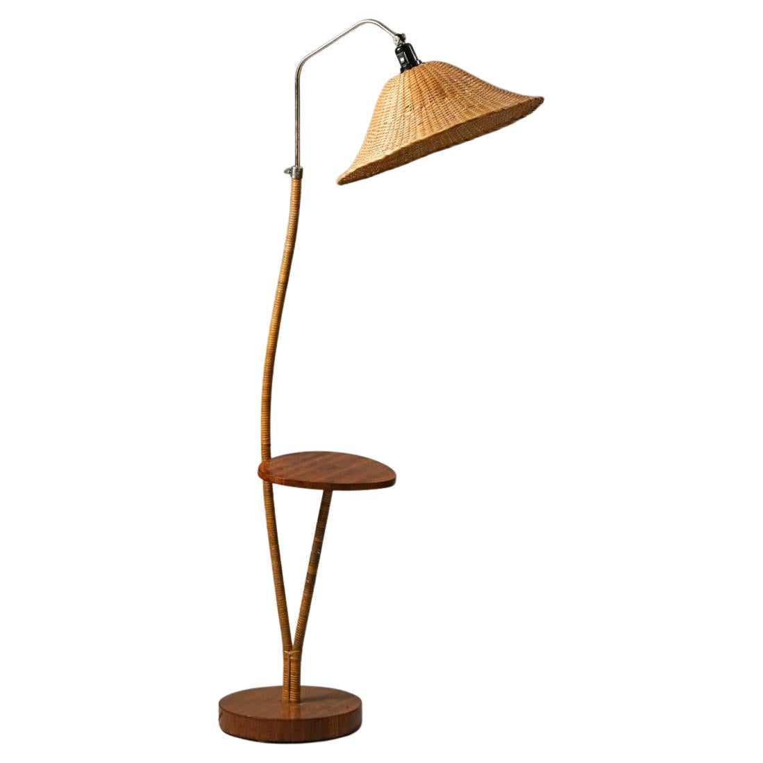 Finnish Rattan Floorlamp With Serving Table, 1950s