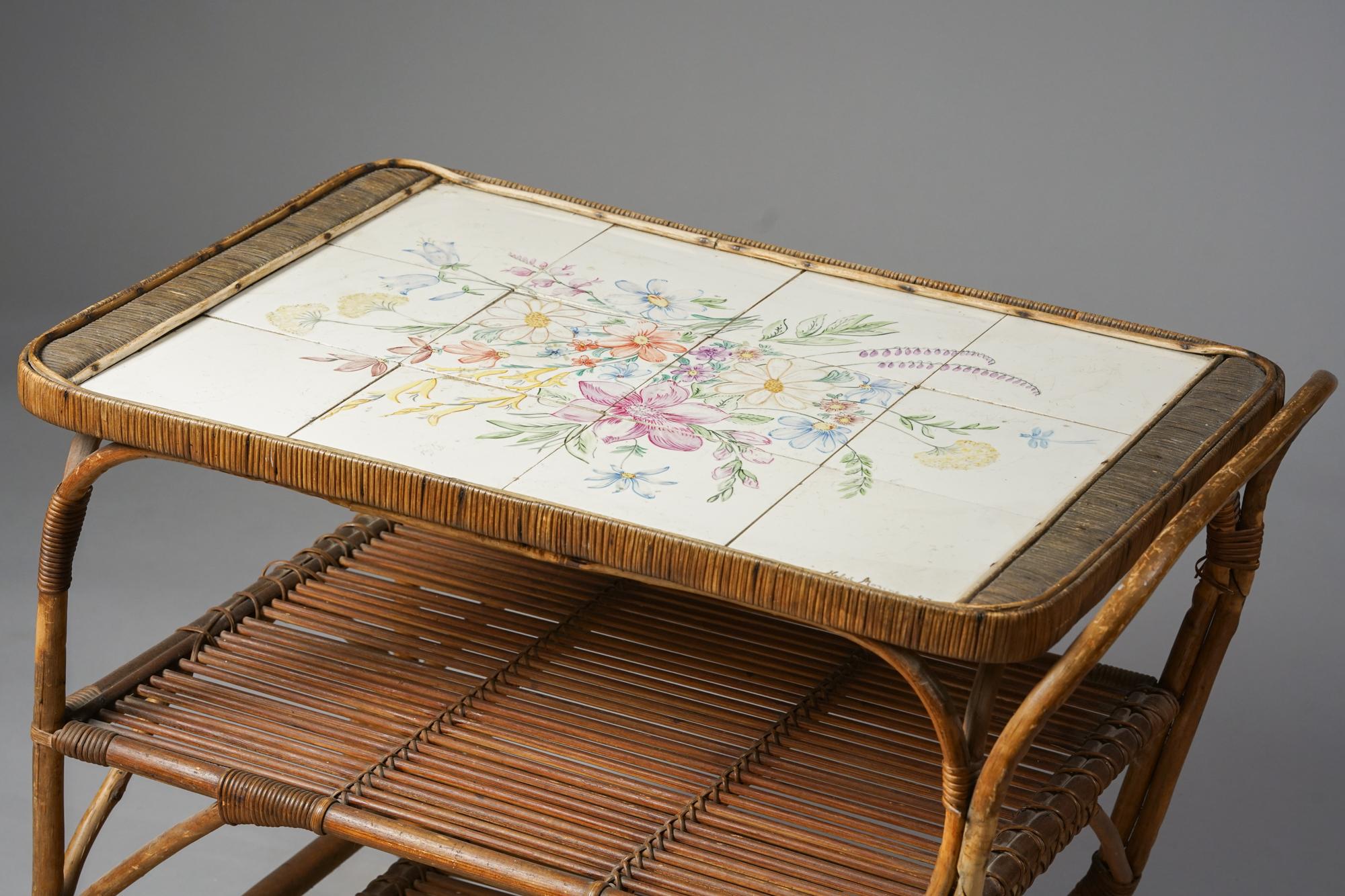 Hand-Painted Finnish Rattan Serving Trolley, 1940s  For Sale