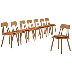 Finnish Set of Eight Oak Dining Chairs with Leather Cushions
