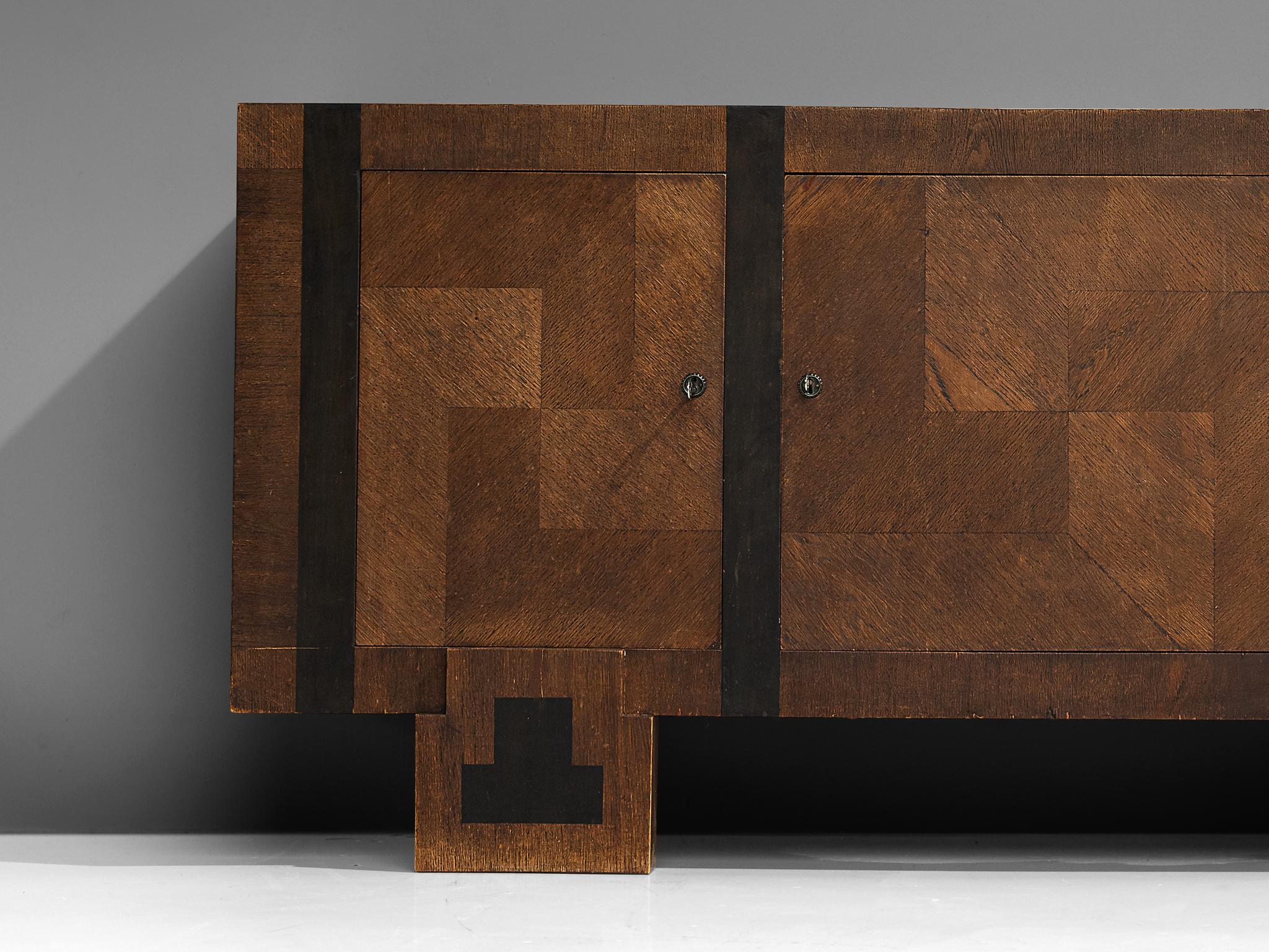 Mid-Century Modern 1930s, Finnish Sideboard in Oak Veneer with Geometrical Inlays