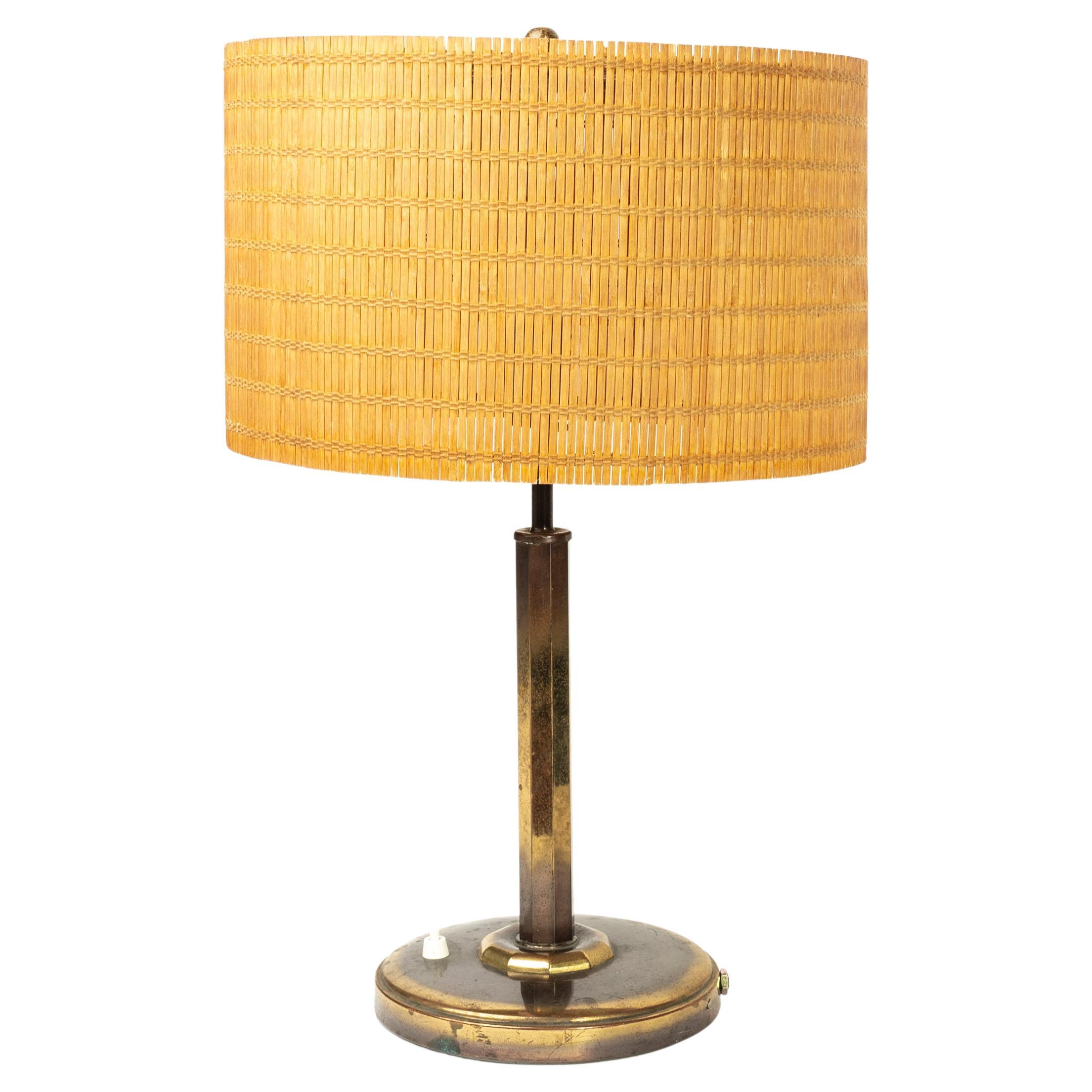 Finnish Table Lamp in Paavo Tynell Style, Wood Strip Shade and Brass, 1950s For Sale