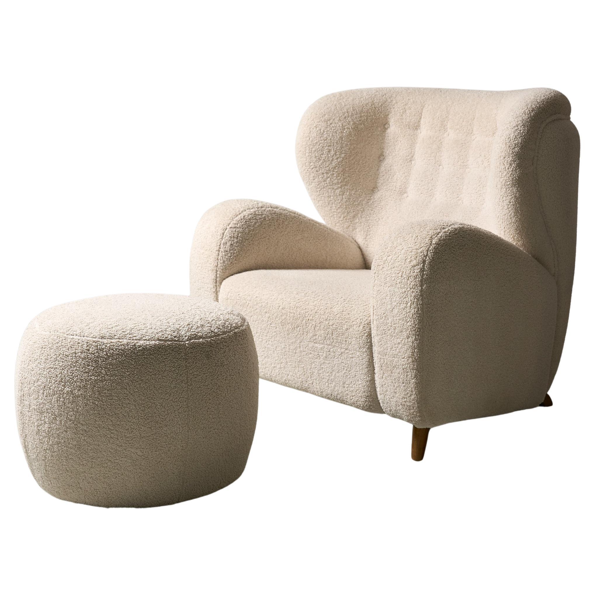 Finnish White Comfy Marta Blomstedt Armchair with Its Matching Footstool, 1960's