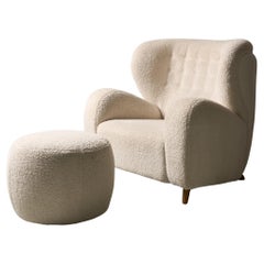 Finnischer weißer, bequemer Marta Blomstedt-Sessel mit passendem Fußhocker, 1960er Jahre