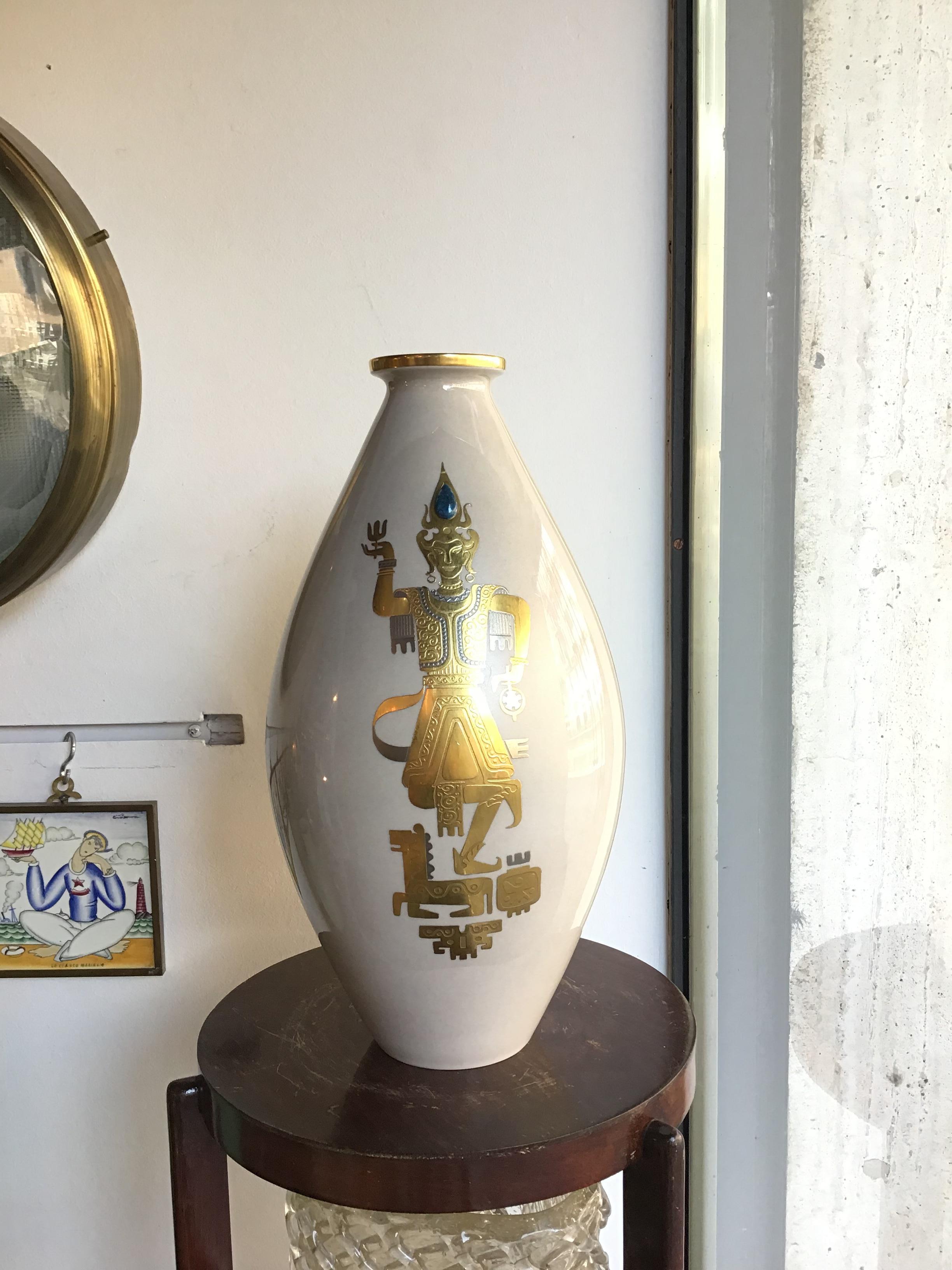 Italian Finzi Vase 1950 Porcelain Gold, Italy For Sale